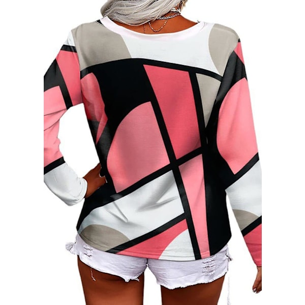 Dame Geometrisk Mønster Topper V-hals Langermet Skjorte Casual Løse Pullover Bluser Red XL