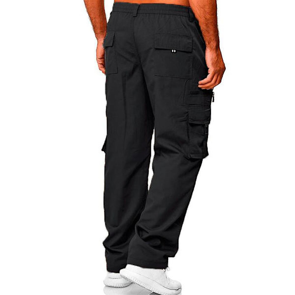 Herr Enfärgad Elastisk Midja Combat Cargo Byxor Lediga Lösa Raka Ben Byxor Black L