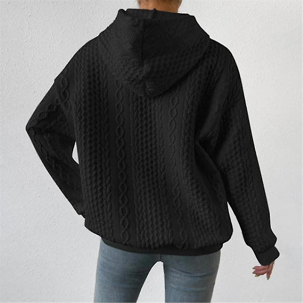Dame Ensfarvet Langærmet Hættetrøje Strikket Efterår Hættetrøjer Sweatshirt Pullover Løs Top Black M