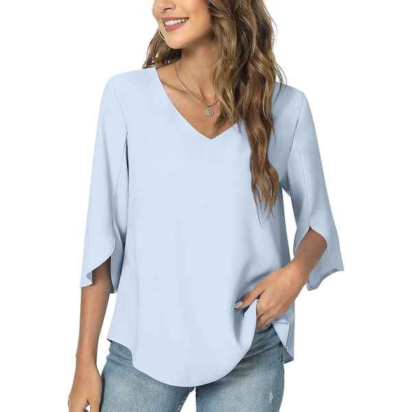 Sommer Casual Skjorte til Kvinder, Løs Tunika Top med V-hals til Leggings, Slids 3/4 Ærmer Chiffon Bluse Light Blue Medium