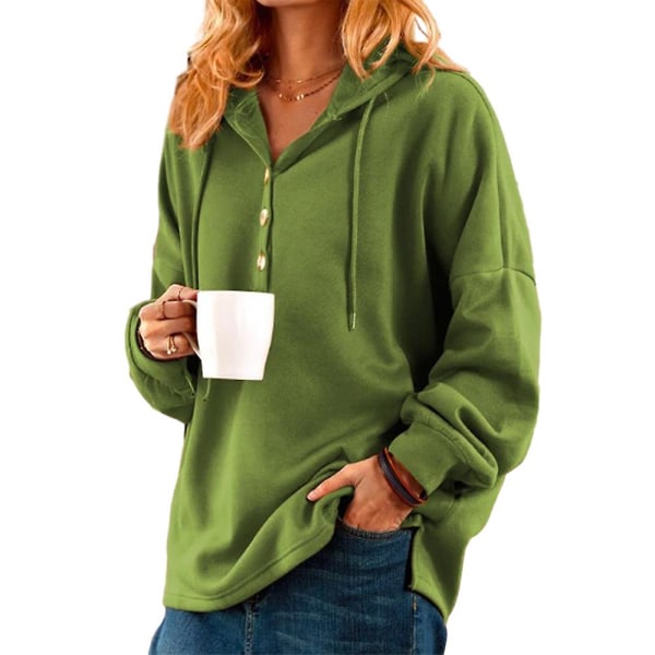 Kvinnor Solid tröja med huva Casual Lös dragsko Huvtröjor Knappar Henley Pullover Toppar Green 2XL