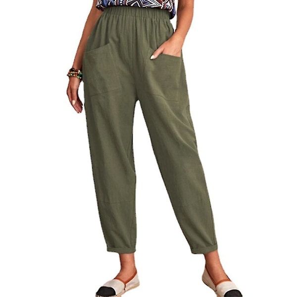 Cropped bukser med elastisk talje, løse, afslappede, lange, ensfarvede bukser Army Green M