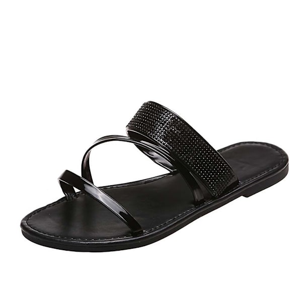 Fashion Rhinestone Tofflor för Kvinnor Lätta Andningsbara Strand Sandaler Black 40
