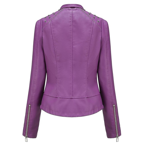 Dam Slim Fit Enfärgad Dubbad Shoulder Zip Kort läderjacka Purple XL
