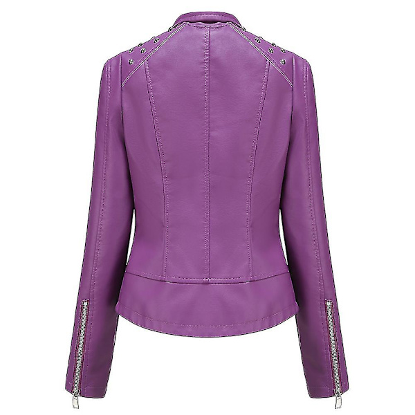 Dame Slim Fit Ensfarvet Læderjakke med Nitter på Skuldrene og Lynlås Purple L
