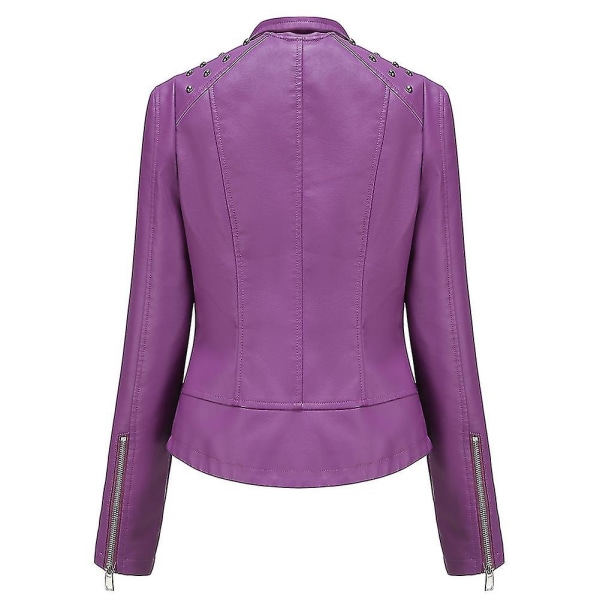 Dame Slim Fit Ensfarvet Læderjakke med Nitter på Skuldrene og Lynlås Purple XS