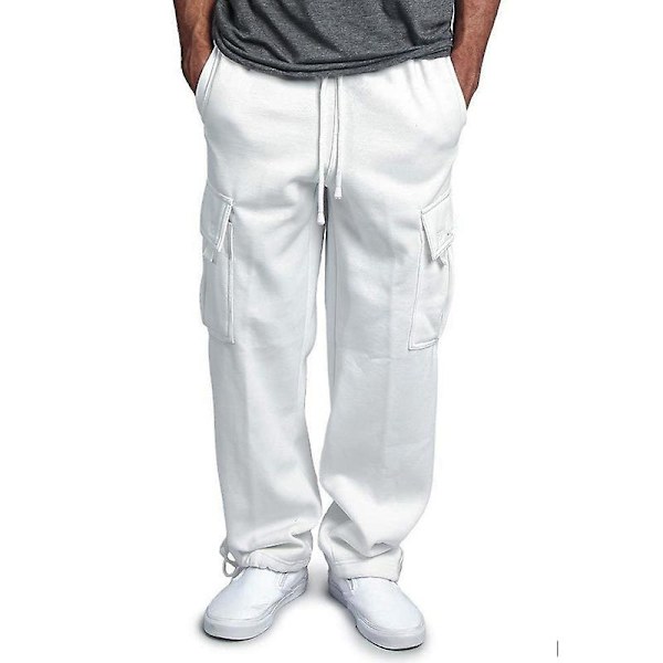 Fleece Joggerbyxor för män Cargo Combat Träningsbyxor Baggy Byxor Mjukisbyxor White 3XL