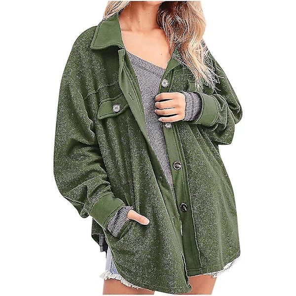 Lös Passform Damjacka Knäppning Polar Fleece Ytterkläder Kappa Med Fickor Green XS