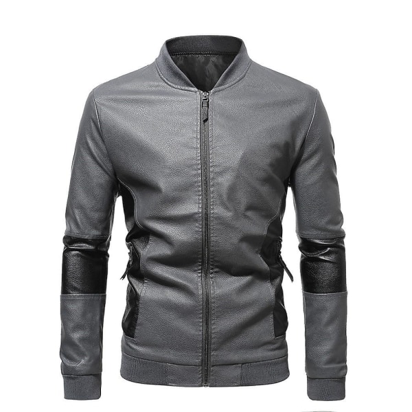 Herre Patchwork Stand Krave Læder Biker Jakke Slim Fit Casual Lynlås Frakke Overtøj Gray M