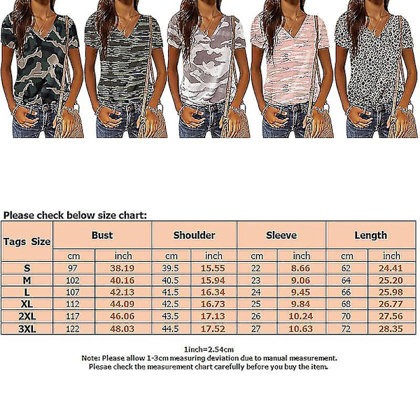 Kesäinen Camouflage T-paita Naisille V-kaula-aukolla ja Lyhyillä Hihoilla Leopard Pattern M