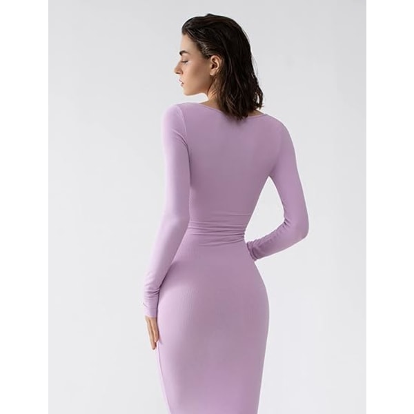 Kvinnors fyrkantig hals långärmad Maxiklänning Soft Lounge Ribbed Bodycon Klänningar för kvinnor lila L purple l