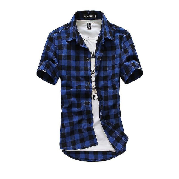 Män Casual Rutig skjorta rutor Kortärmade skjortor Toppar Sommar Dark Blue 3XL