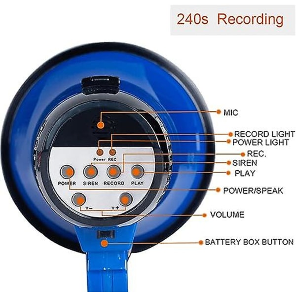 Bærbar Megafon Bullhorn 20 Watt Effekt Megafon Høyttaler Stemme Og Sirene/alarm Moduser Med Volumkontroll Og Stropp blue