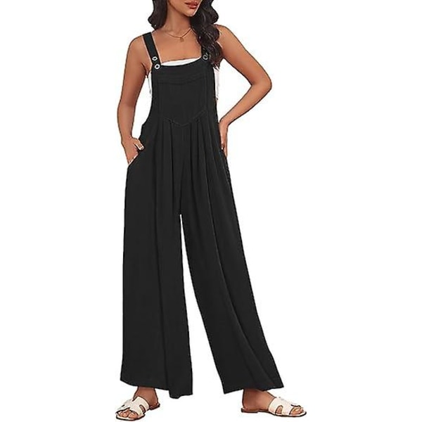 Dame Arbeidsklær Bukser, Jumpsuit med Vide Ben, Casual Bukser med Skulderstropper, Sommer Jumpsuit, Genser, Løs Ermeløs Skulderstropp, Klær med Lommer Black L