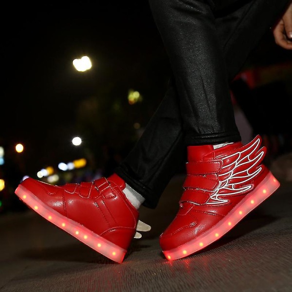 Led Light Up Hi-top Skor Med Wing USB Uppladdningsbara blinkande Sneakers För Småbarn Barn Pojkar Flickor Red 29