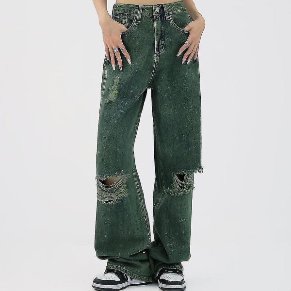 Kvinnors byxor höst dam gröna jeans förstörda rivna hål sexig hög midja Green M