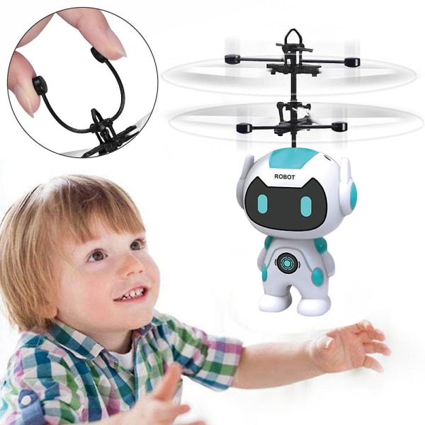 Robot Induktion Flygande Gyro Helikoptor Leksaker Present för barn, LED Light Up Robot Drone leksak med fjärrkontroll White
