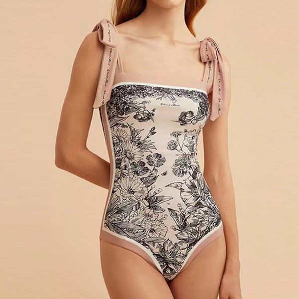 Klassisk blomsterprintet badedragt til kvinder, sexet firkantet halsudskæring, badetøj til strandfest, ferie Green L