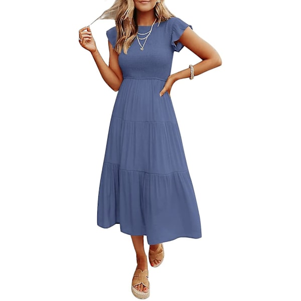 Sommarklänning för damer, ledig, med korta fjärilsärmar, rund hals, smockad resår i midjan och volangkjol i midilängd Dustyblue XLarge