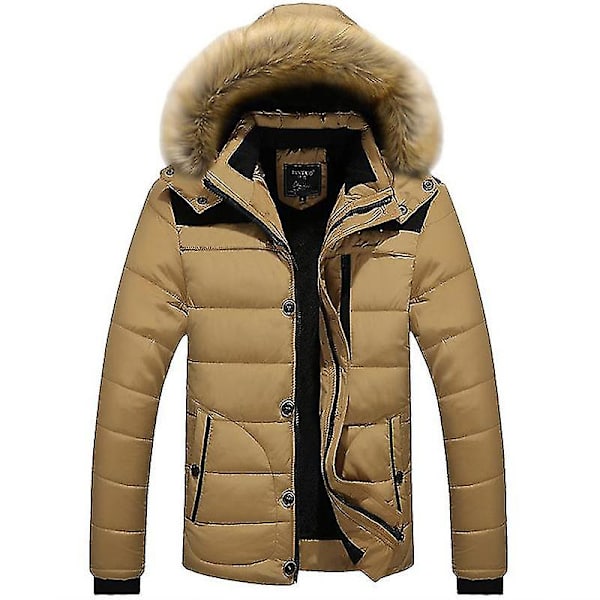 Herre Faux Pels Hættefrakke Vatteret Quiltet Puffer Boblejakke Khaki M