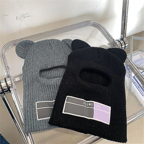 Söt hel ansiktsmask skidmask mössa med björnöra balaclava stickade mössor vindtät mössor mössor vinter varma unisex mössor black