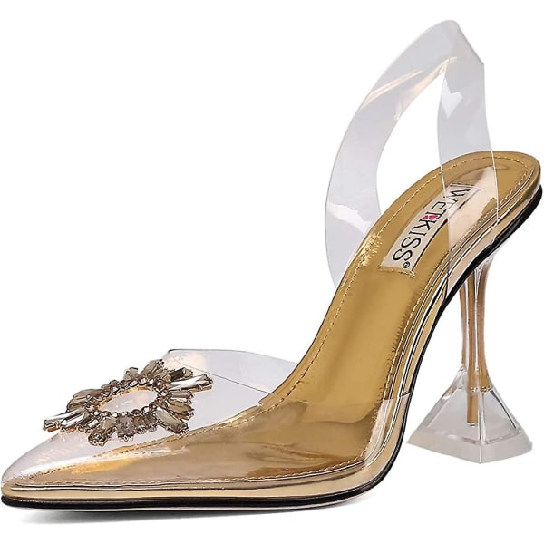 Kvinners Gjennomsiktige Hæler Sko, Krystall Rhinestones Slingback Bryllupssko Spiss Tå Høyhælte Sandaler 39