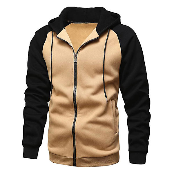 Fleecehettegenser med glidelås for menn, avslappet Colorblock hettegenser Khaki Black M