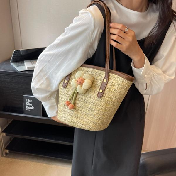 Sommar Tote Väska Dam Satchel Väska Stor Kapacitet Vävd Handväska Med Blomdekor För Jul Födelsedag Strandsemester Brown