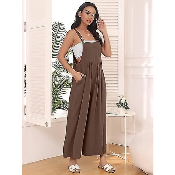 Dam Arbetsbyxor, Jumpsuit med Vida Ben, Casual Byxor med Axelband, Sommar Jumpsuit, Tröja, Lös Ärmlös Axelband, Kläder med Fickor brown M