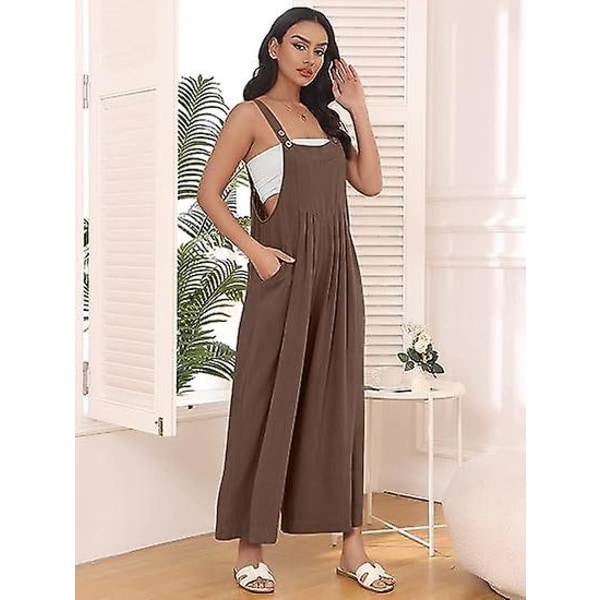 Dame Arbeidsklær Bukser, Jumpsuit med Vide Ben, Casual Bukser med Skulderstropper, Sommer Jumpsuit, Genser, Løs Ermeløs Skulderstropp, Klær med Lommer brown S