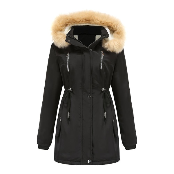 Tykk hetteparkas for kvinner, vindtette fleeceforede jakker med lommer Black 2XL