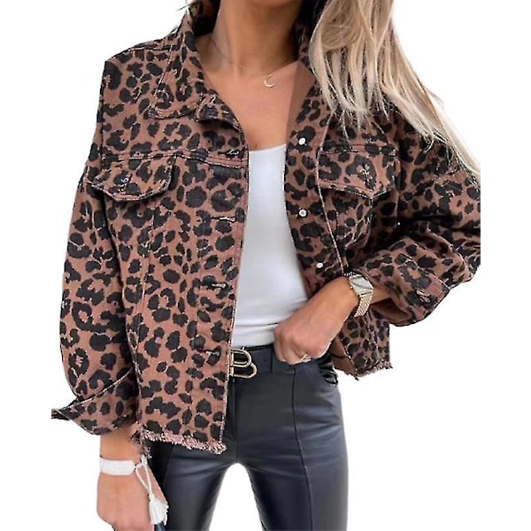 Kvinnors Denimjacka Leopardmönstrad Knäppt Jacka M