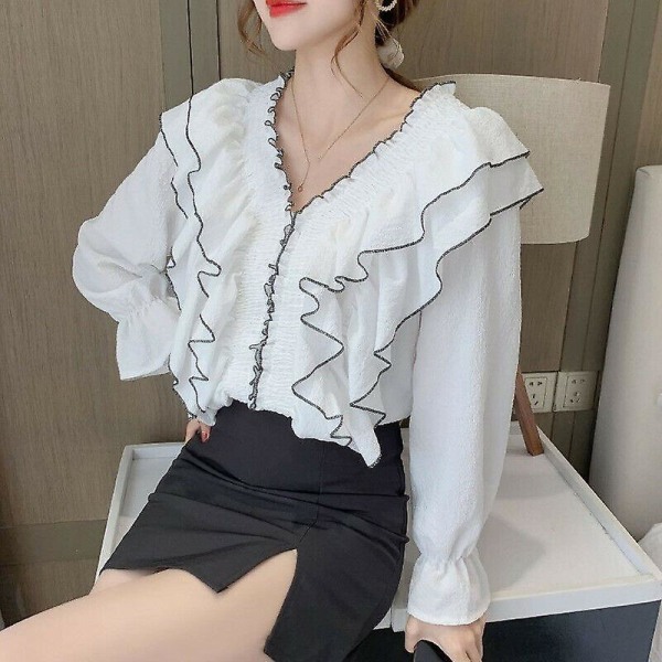 Dame Skjorte Bluse Topp Lang Utsvingt Erme Rynke Volang V-hals Casual Prinsesse-3 White S(UK 6)