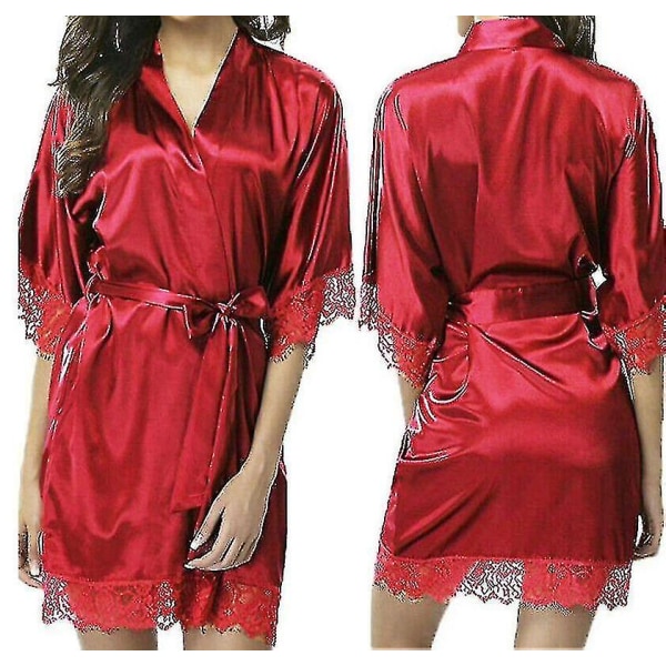 Satin Kåbe Bryllup Brud Brudepige Kimono Morgenkåbe Natkjole Badekåbe -c Red XL