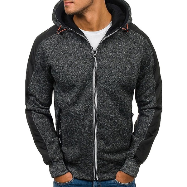 Herr Färgblock Långärmad Hoodie Sport Casual Dragkedja Huvtröja Ytterkläder Med Fickor Black Grey L