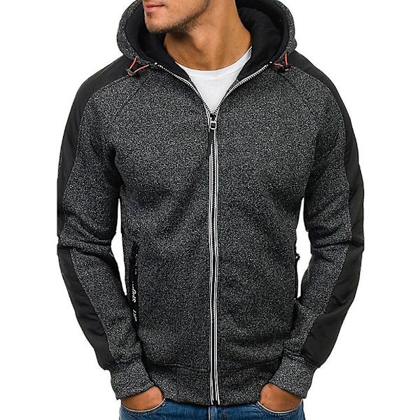 Herre Colorblock Langermet Hettegenser Sport Fritid Glidelås Hettejakke Yttertøy Med Lommer Black Grey M