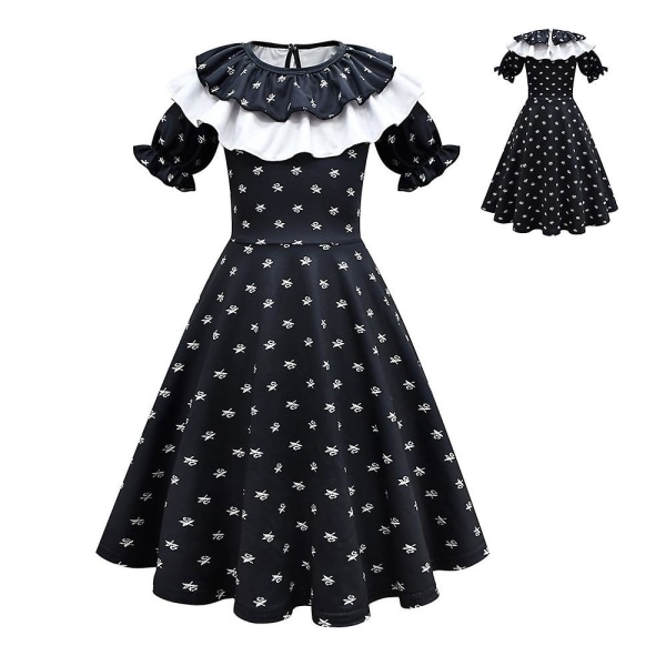 Wednesday Addams Cosplay Kostym Tryck Gotisk Volangkrage Klänning Flickor Halloween Party Maskerad 8-9 Years