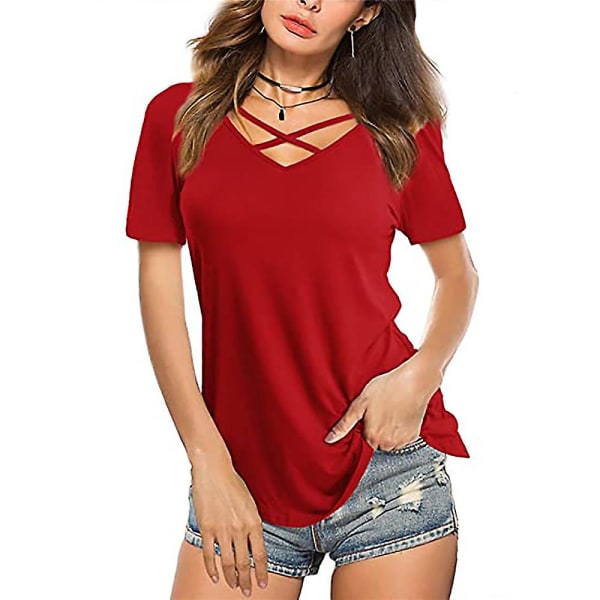 Dame Ensfarvet Kryds V-hals Kortærmet T-shirt Tee Toppe Sommer Red M