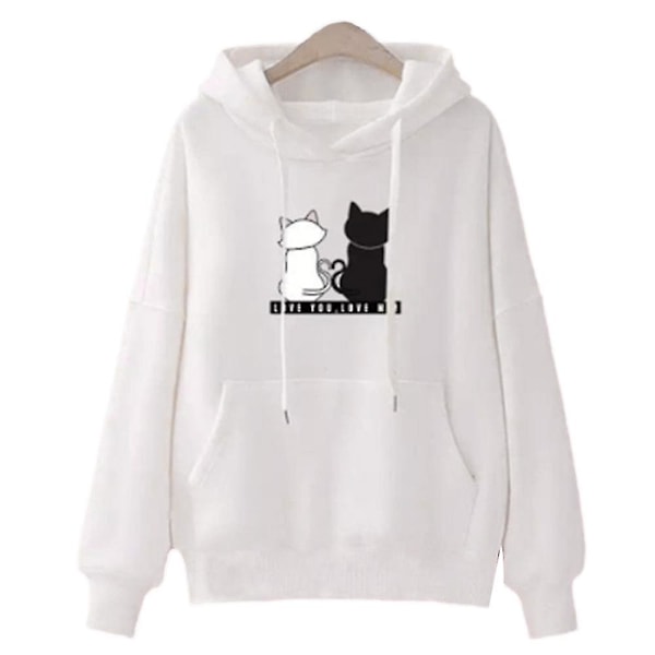 Dame Katteprint Hættetrøje Afslappet Løs Poset Snøre Hættetrøjer Pullover Toppe White M