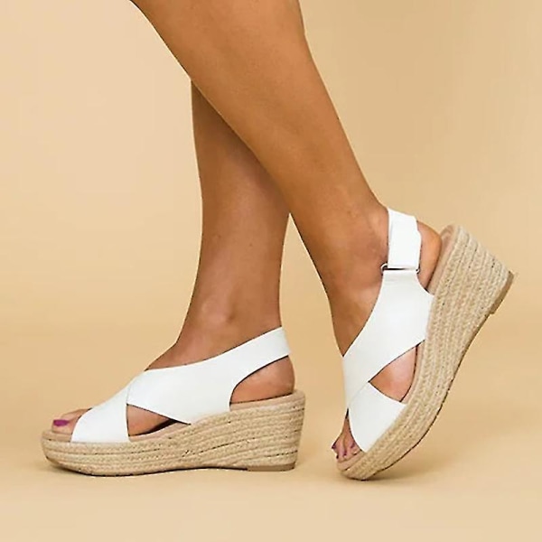 Kvinnor Sommar Ankel Strap Mid Wedge Heel Espadrilles Plattform Sandaler Skor White EU 38