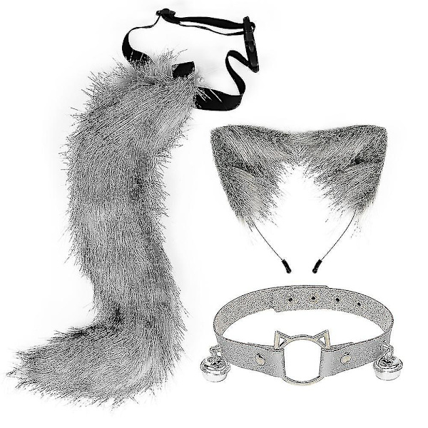 Furry Kattöron Fox Svans Bell Halsband Set Halloween Party Tillbehör Lolita Simulation Päls Plysch Huvudbonader Cosplay Rekvisita Hög Kvalitet Dark grey