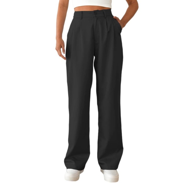 Dame Bukser med Vide Ben Høy Elastisk Midje Bak Business Arbeidsbukser Lange Rette Dressbukser black L