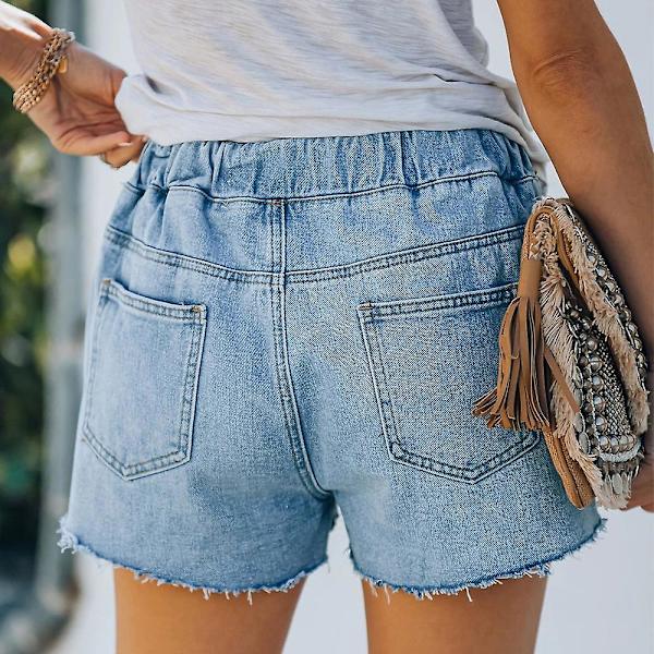 Naisten kiristysnyörilliset joustovyötäröiset denim shortsit, kulutetut, rispaantuneet, kesäiset kuumat housut Light Blue M
