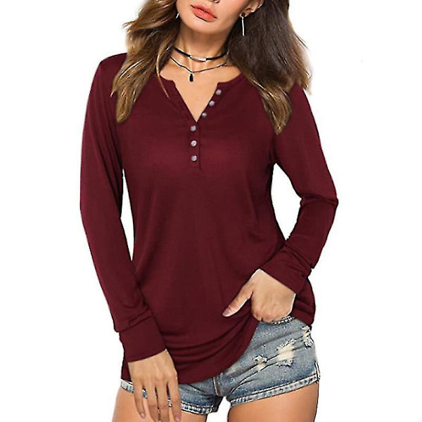 Dam V-ringad Långärmad Enfärgad Sommar T-shirt Knapptopp red wine M