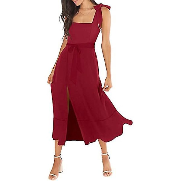 Eleganta Tärnklänningar för Kvinnor, Fyrkantig Halsringning, Delad Midi Formell Klänning Red M