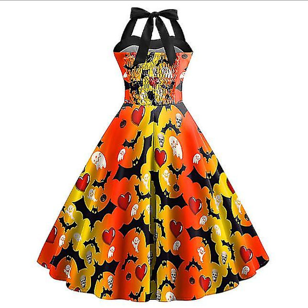 Halloween Dame Græskar Flagermus Spøgelse Skelet Print Ærmeløs Rund Hals Afslappet Kant Kjole COLOR 5 L