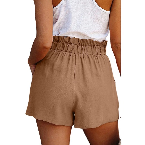 Dame Højtaljede Løse Paperbag Shorts Sommer Casual Bred Ben Korte Bukser Khaki L