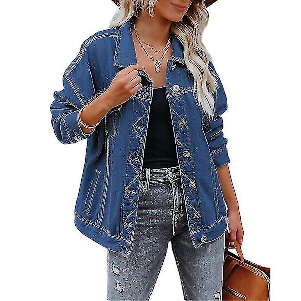 Dam Enfärgad Jeansjacka Lös Kavaj Enkelknäppt Street Jeansjacka Royal Blue M