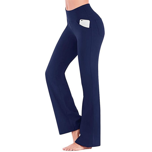 Dam Vanliga elastiska Yogabyxor med hög midja Andas Bekväm Full Längd Vida Ben Byxor Sommar Casual Flare Byxor Dark Blue L