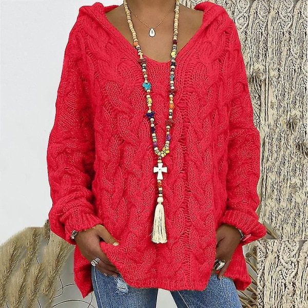 Dame Langærmet Strikkede Sweatre Arbejde Hættetrøjer Vinter Varm Hættetrøje Sweater Red L